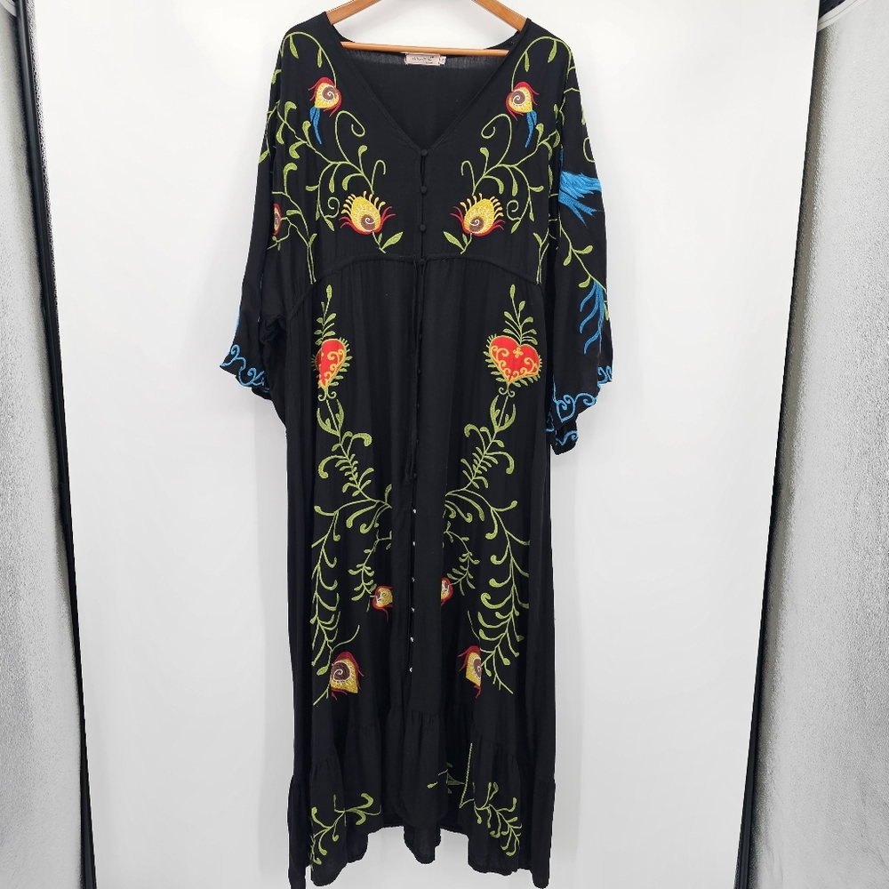 Embroidered Boho Heart & Birds Butron Down Maxi Dress Womens Size Xl